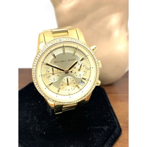 Michael Kors Women's Watch MK6356 Ritz Gemmed Quartz 37mm Gold Stainless Steel - Picture 13 of 14